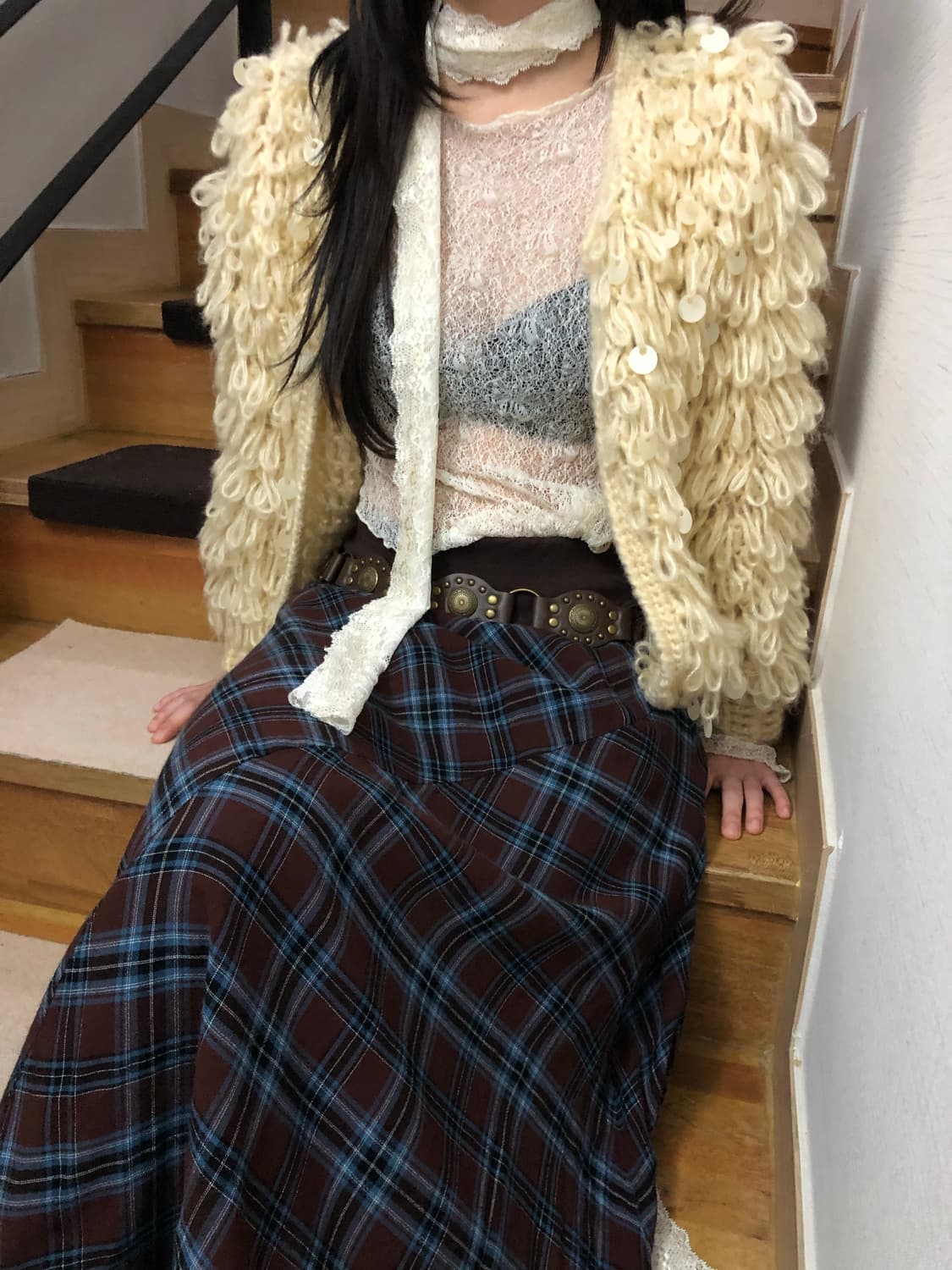 빈티지 다크브라운 체크 롱 스커트 상품이미지7