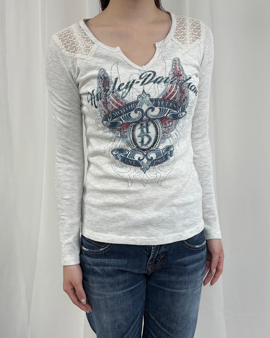 HARLEY DAVIDSON 숄더 레이스 배색 90s 그래픽 와플 티 상품이미지1