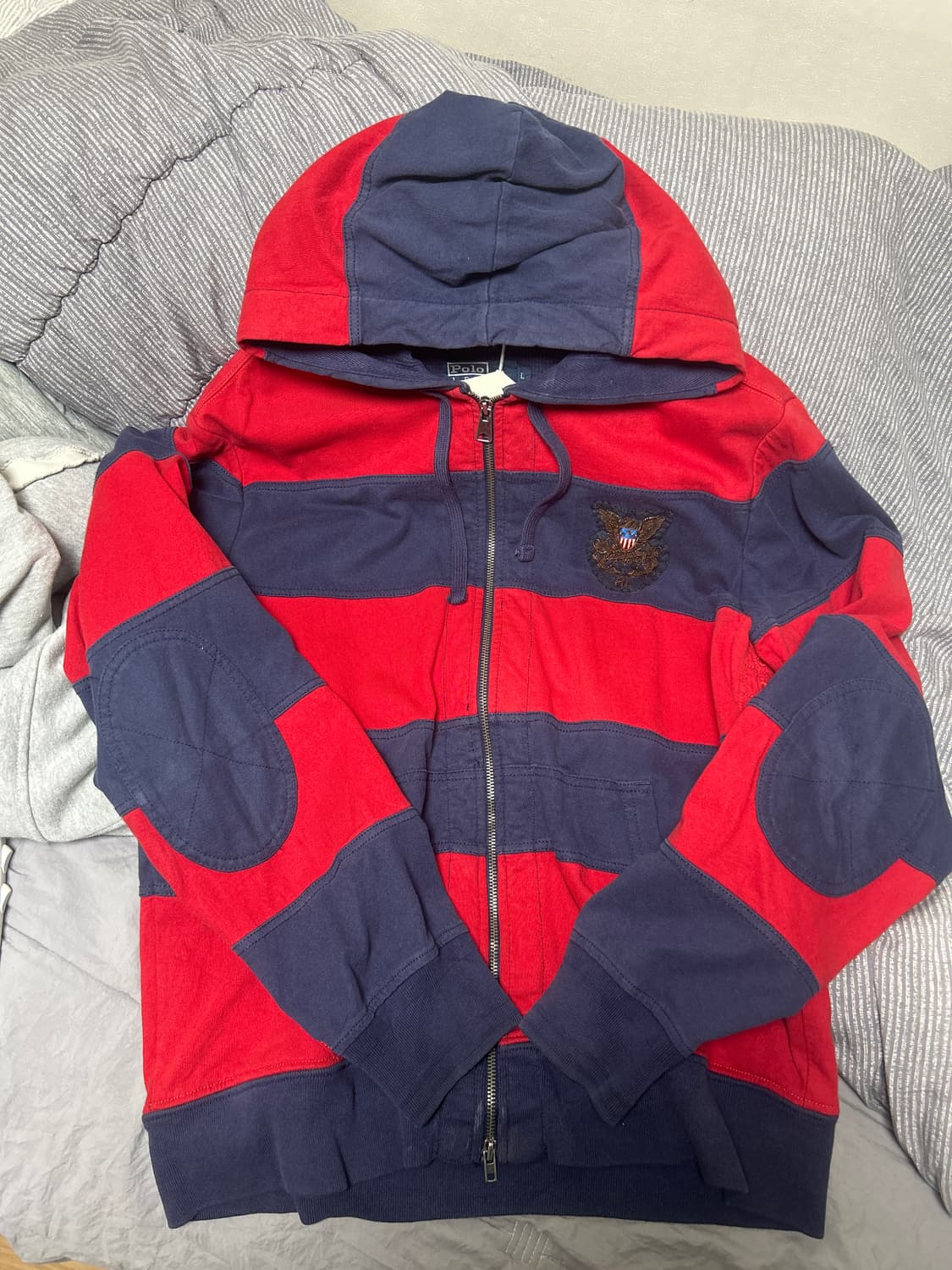 폴로 스트라이프 엘보 패치 니트후드집업 상품이미지1