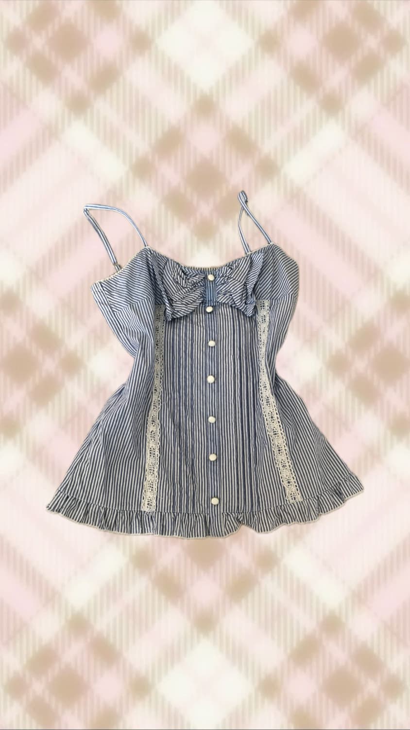 잉그니 스트라이프 리본 레이스 나시 슬리브리스 히메 러블리 로걀 빈티지 상품이미지1