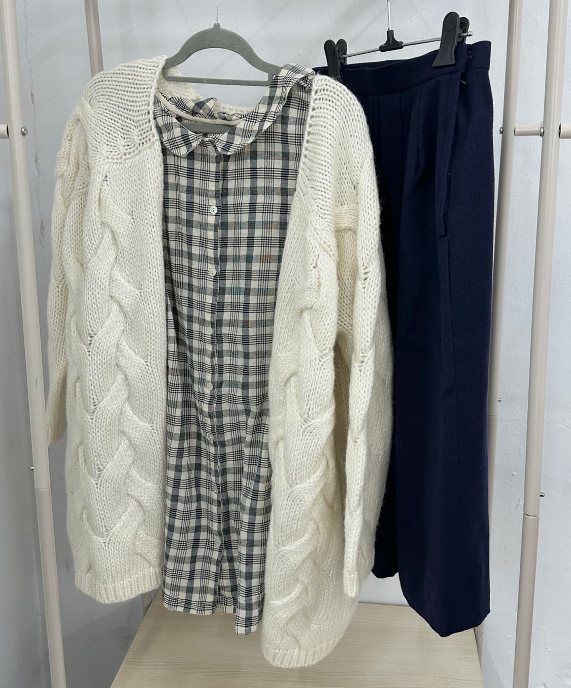 🍰사와코의 겨울 준비 코디세트🍰 체크 셔츠 모직 롱치마 꽈베기 니트 상품이미지3