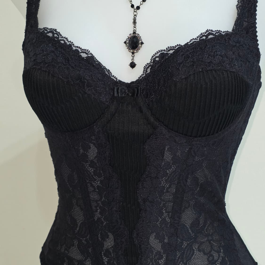 일본빈티지)블랙 고딕오네갸루st로맨틱 리본레이스 코르셋 새틴 탑란제리브라 상품이미지2