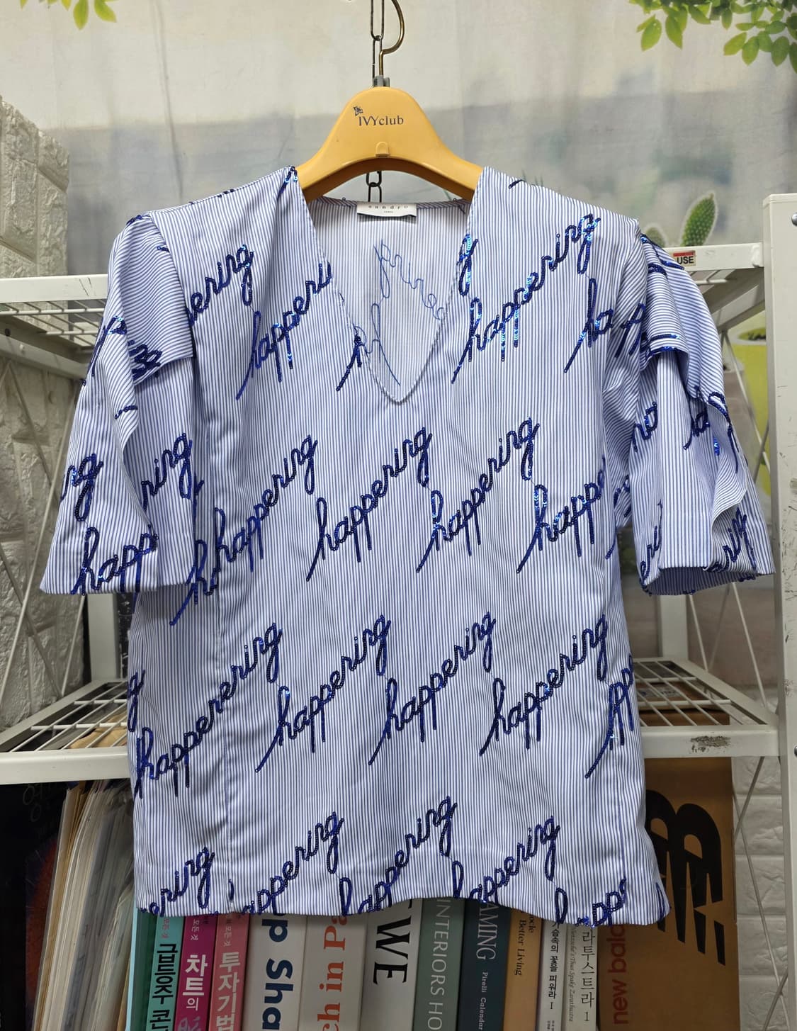 산드로 여성 반팔블라우스 44~슬림55 스트라이프 러플블라우스 WM47 상품이미지1