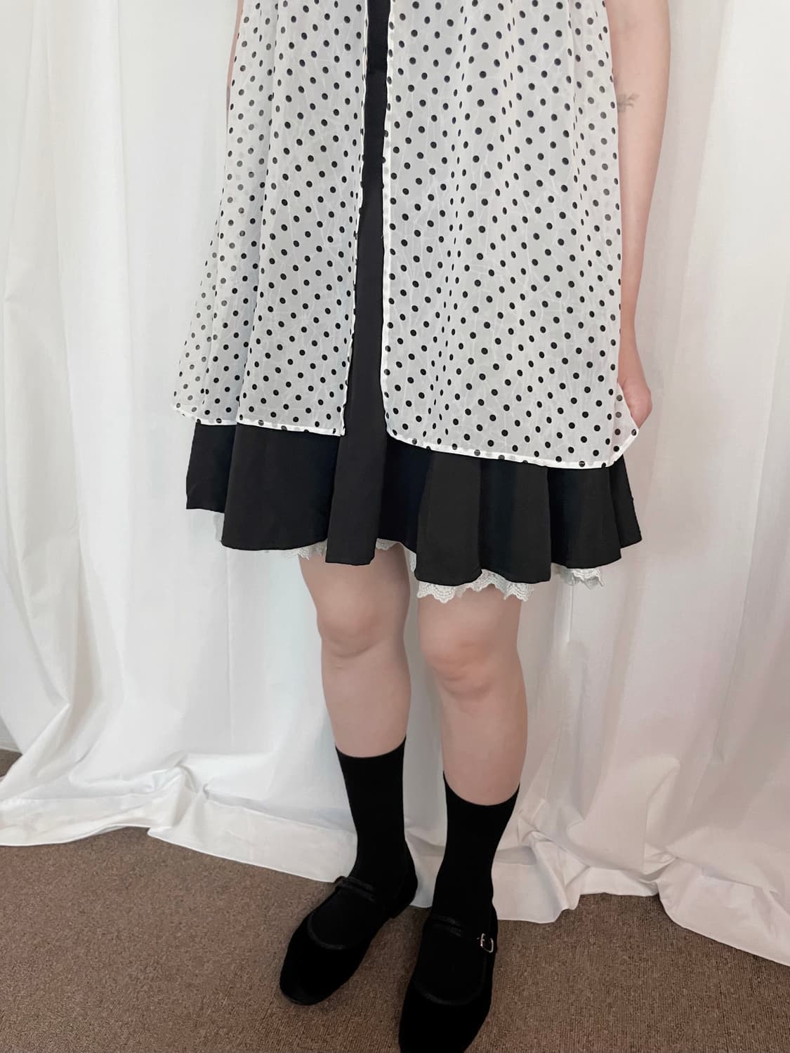 Pleated Lace Layered Mini Skirt - Black 상품이미지1
