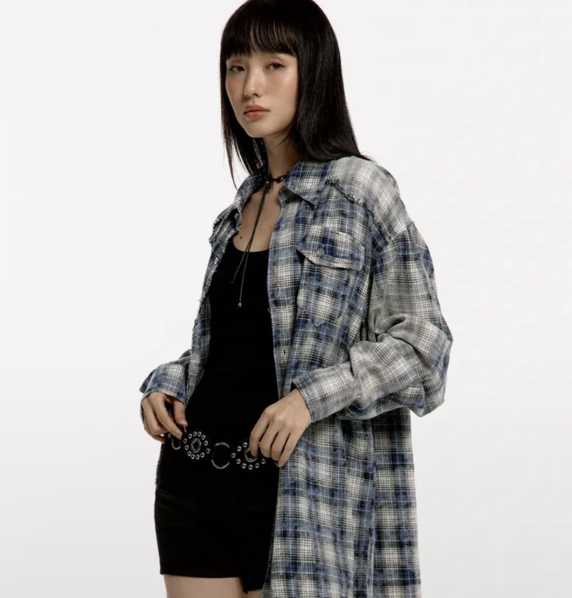 러프넥 워싱체크셔츠 블루 상품이미지3