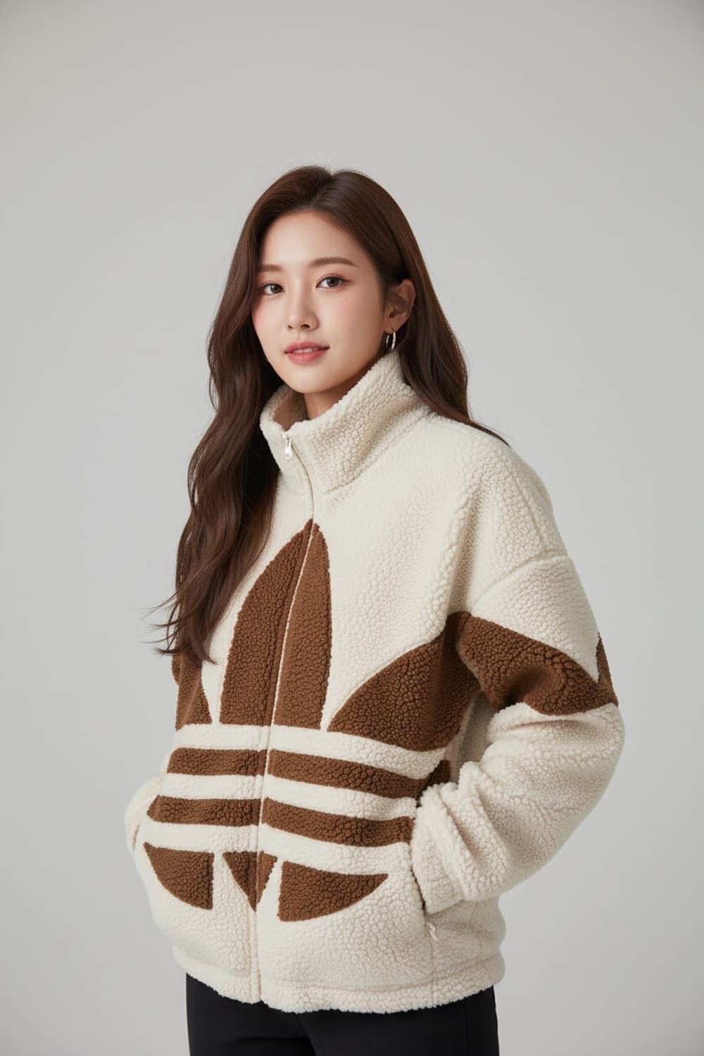 아디다스 후리스 집업 아이보리 브라운 S 상품이미지1