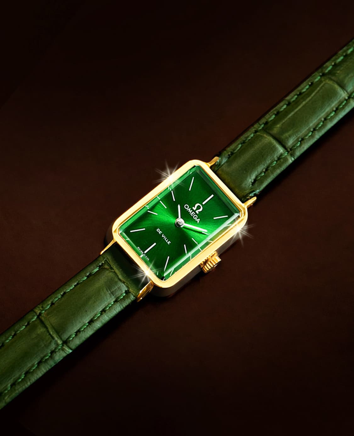 오메가 드빌 희귀 에메랄드 글라스 그린판 여성 수동 가죽 시계 상품이미지3