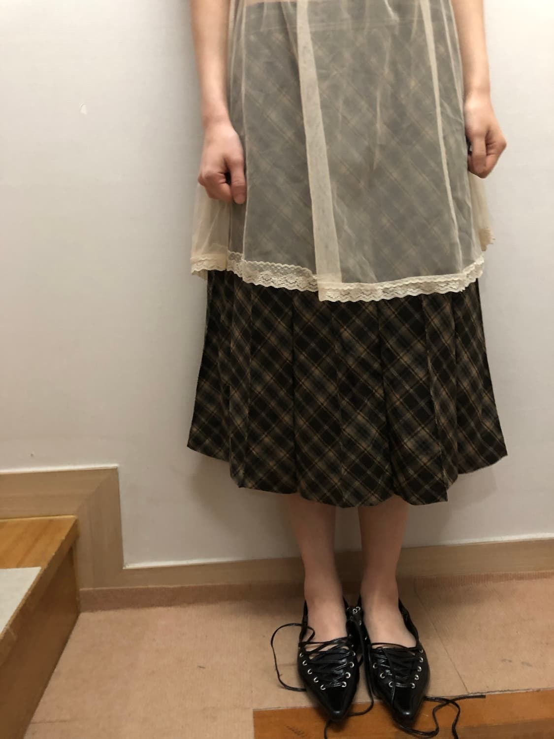 빈티지 그린 체크 울 플리츠 스커트 상품이미지2