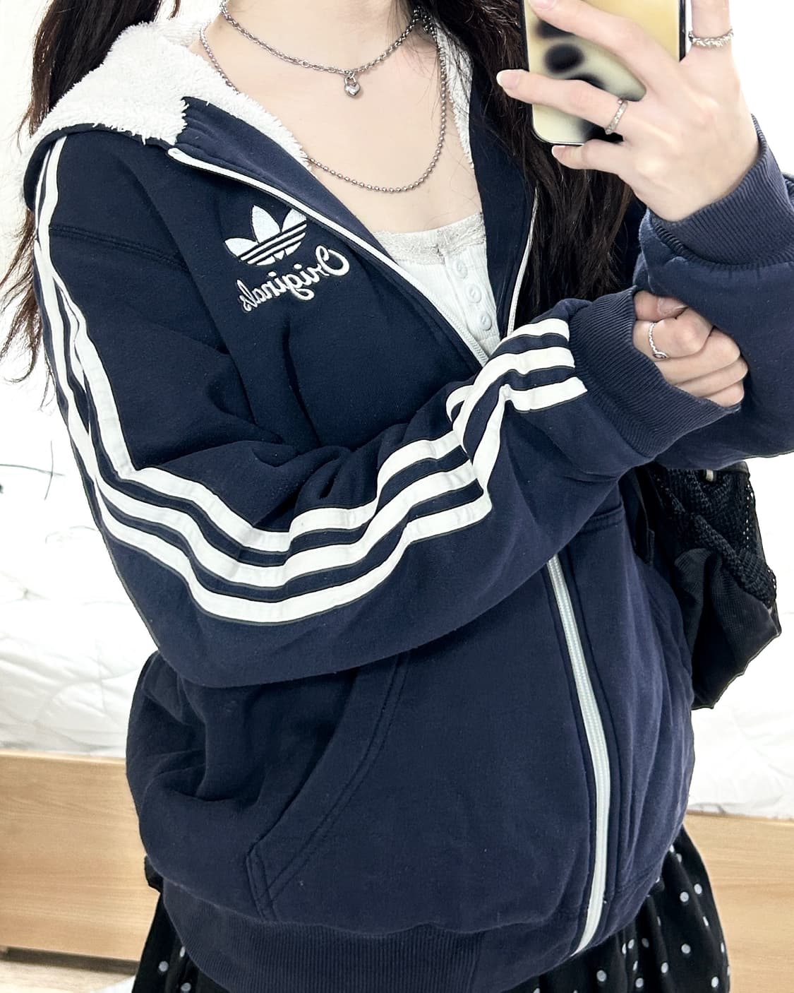 아디다스 양털안감 네이비 삼선 후드집업 상품이미지1