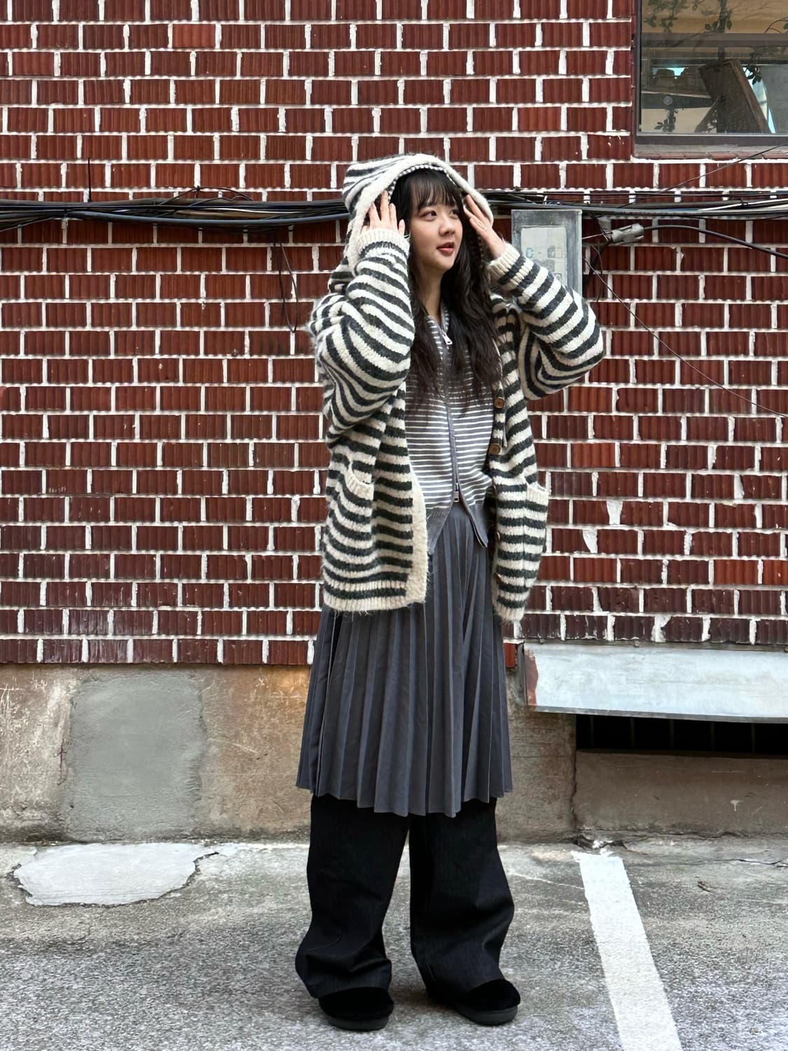 스트라이프 후드 가디건 투웨이 후드집업 플리츠 스커트 스트라이프 팬츠코디 상품이미지2