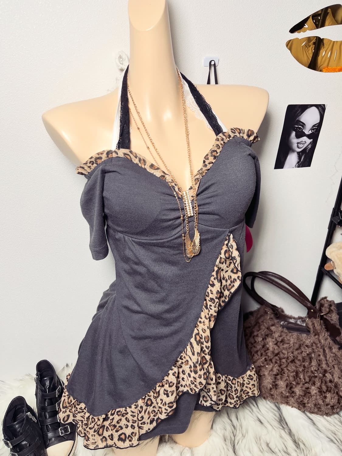 Body Jeine 갸루 홀터넥 호피 오프숄더 원피스 상품이미지1