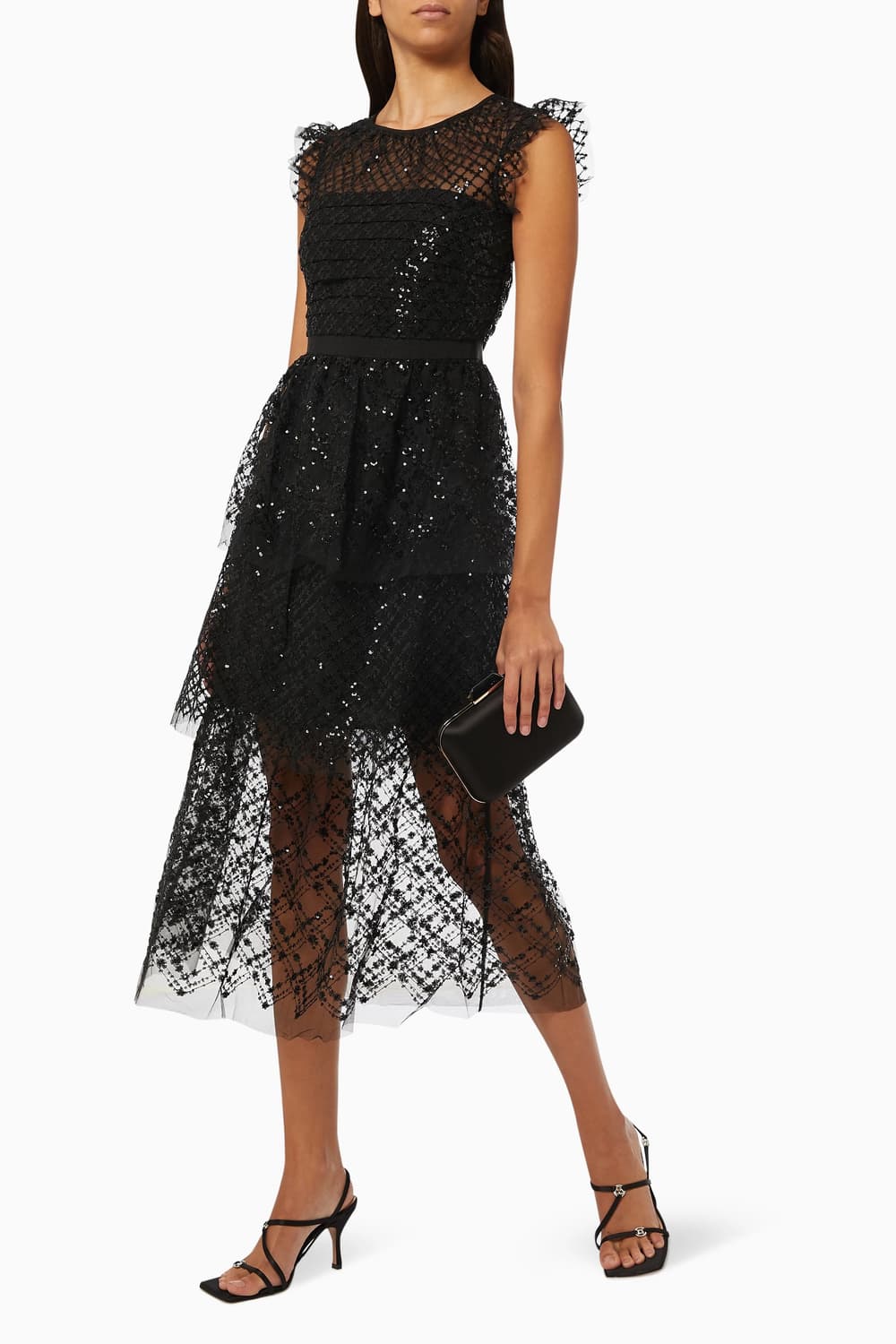 Black grid sequin tiered midi dress UK8 상품이미지2