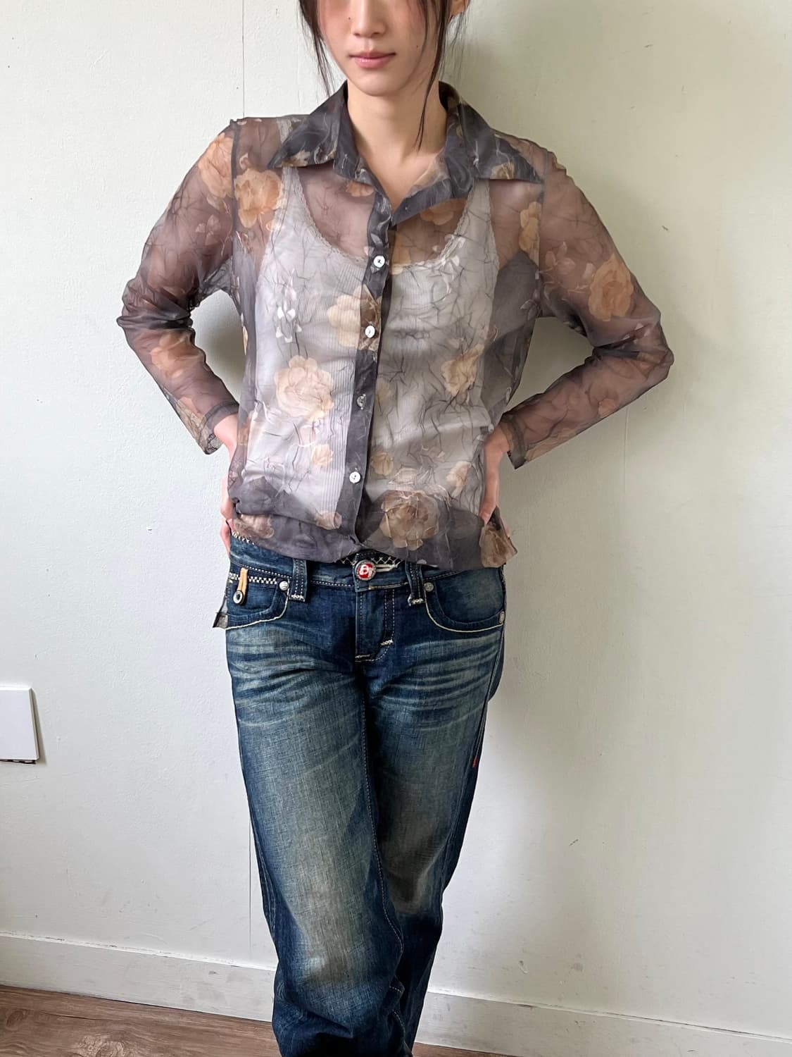 Japan vtg 플라워 시스루 셔츠 상품이미지5