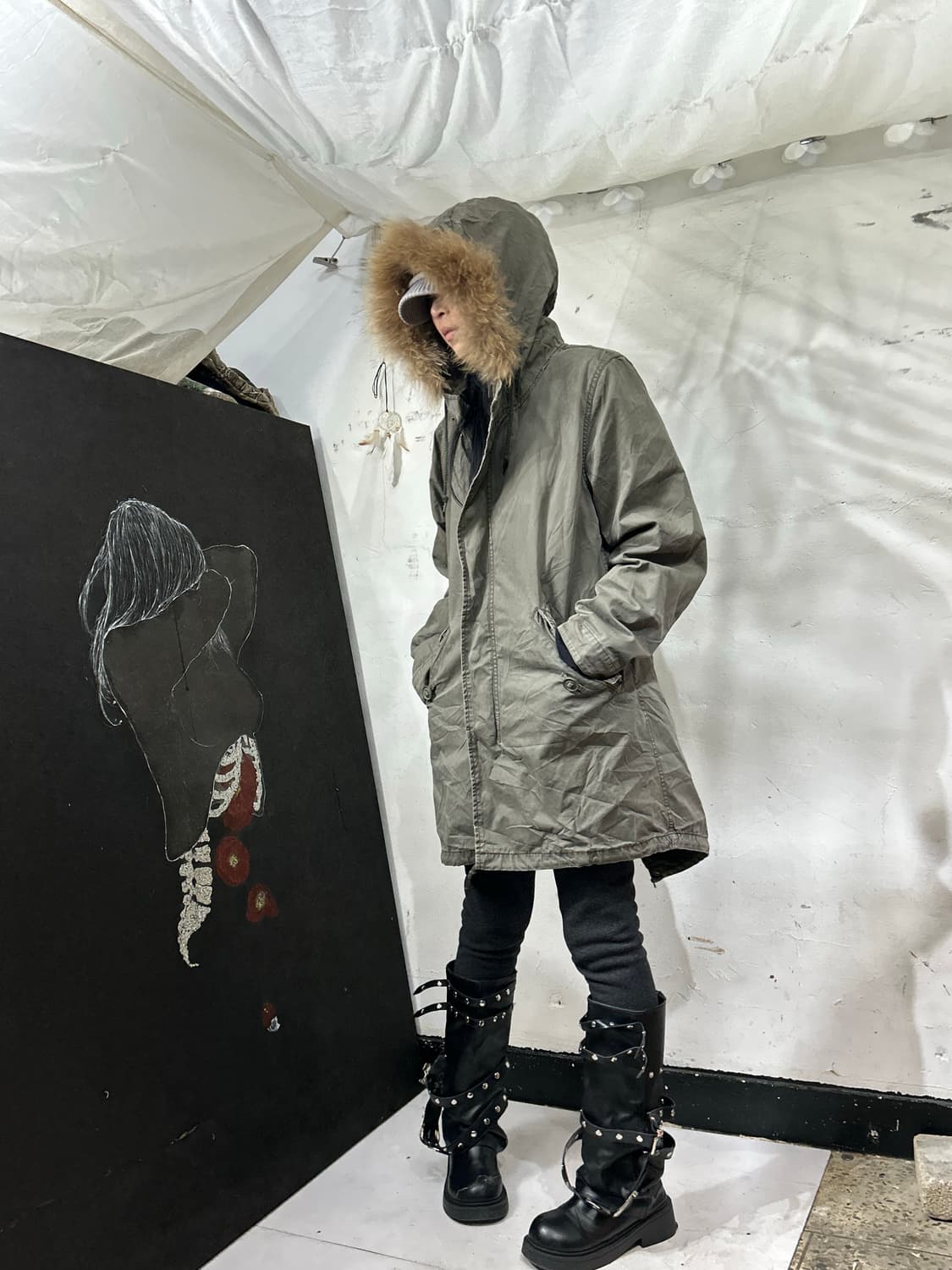 일본빈티지 울프죠 퍼 후드 야상 개파카 y2k L 상품이미지4