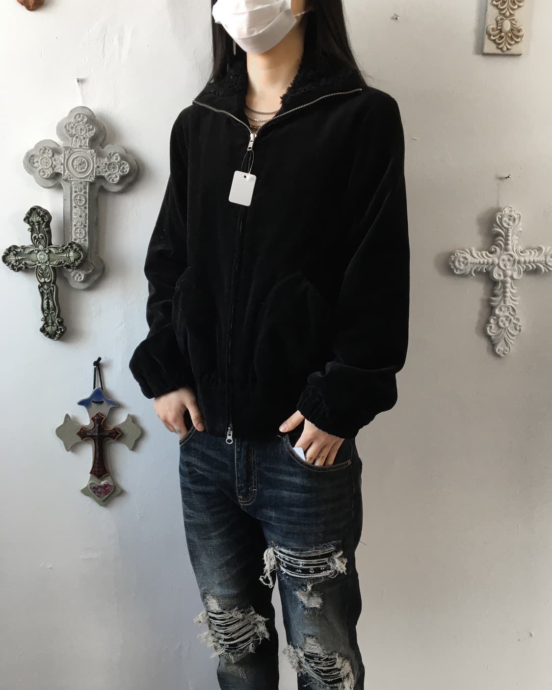 Fur collar velour zip up 상품이미지10