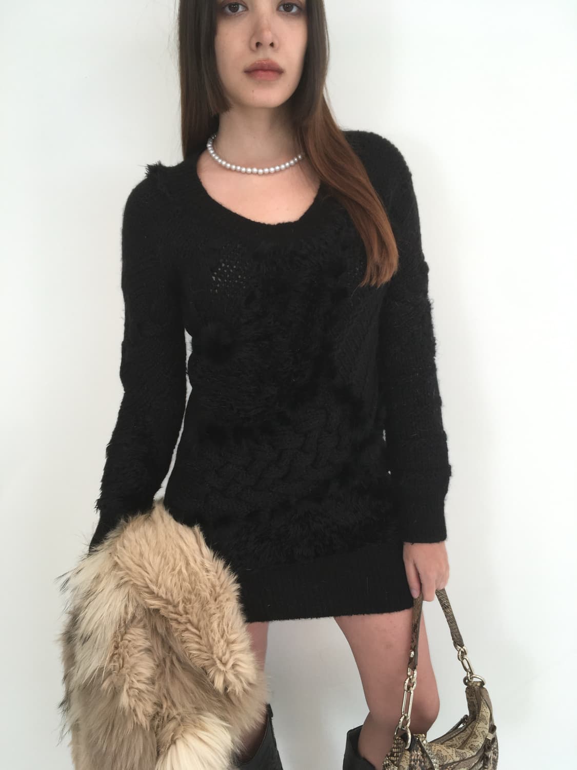 Obzee black rabbit fur trimming wool ops 상품이미지6