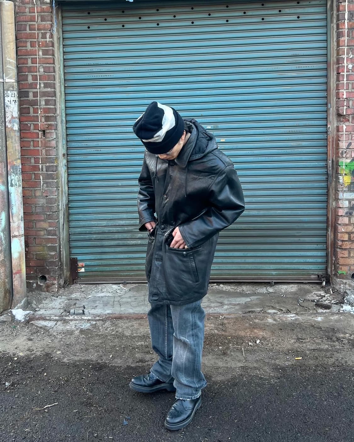 90s vtg leather hood coat (sheep skin) 상품이미지1