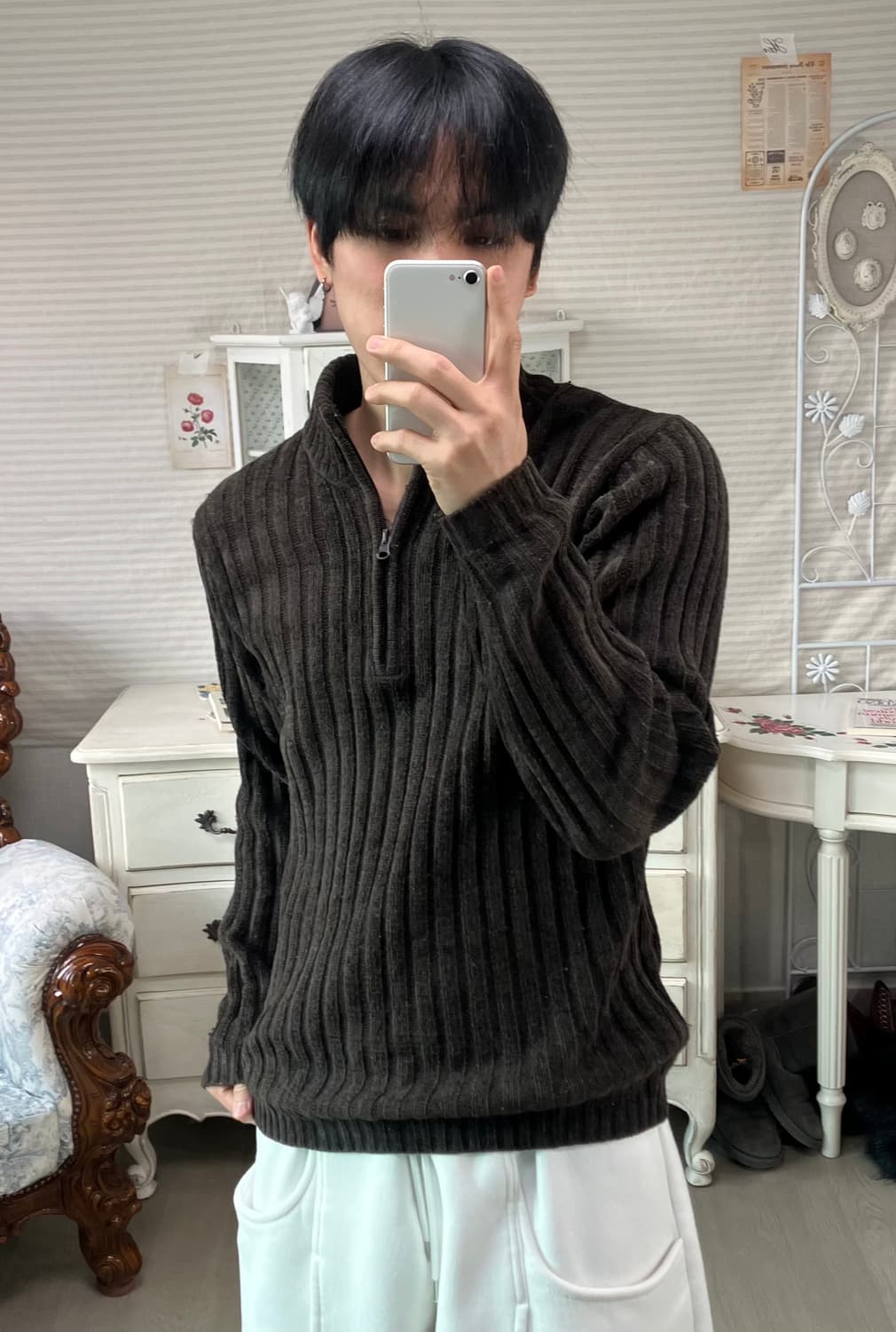 빈티지 초코 브라운 반집업 스트라이프 니트 850 y2k 스트릿 모리 갸 상품이미지1