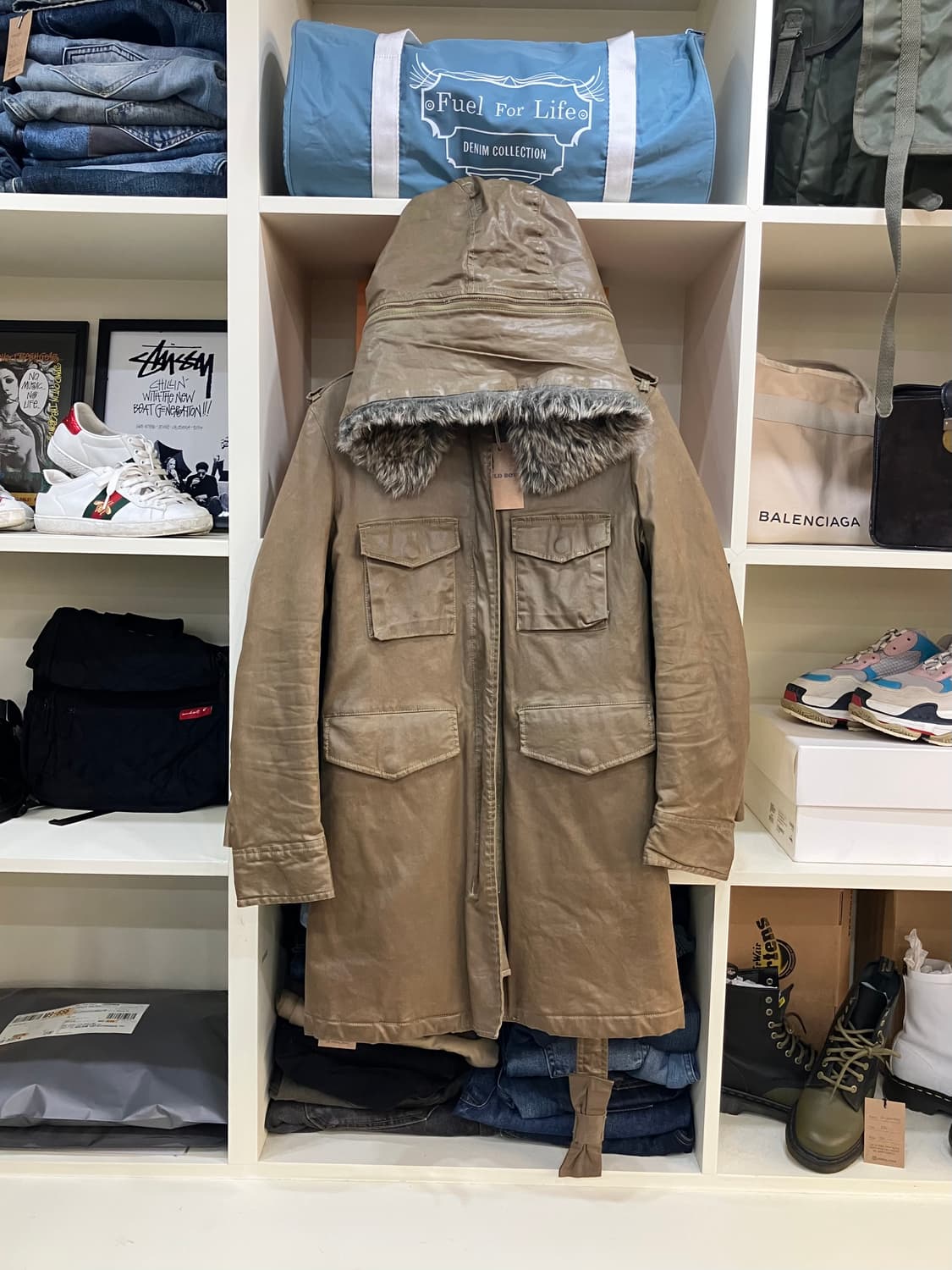 디젤 카키 퍼 후드 코팅 패딩 코트 상품이미지1