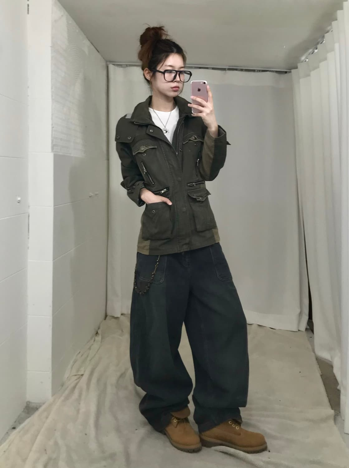 빈티지 딥 카키 브라운 배색 사파리 야상 자켓 상품이미지2
