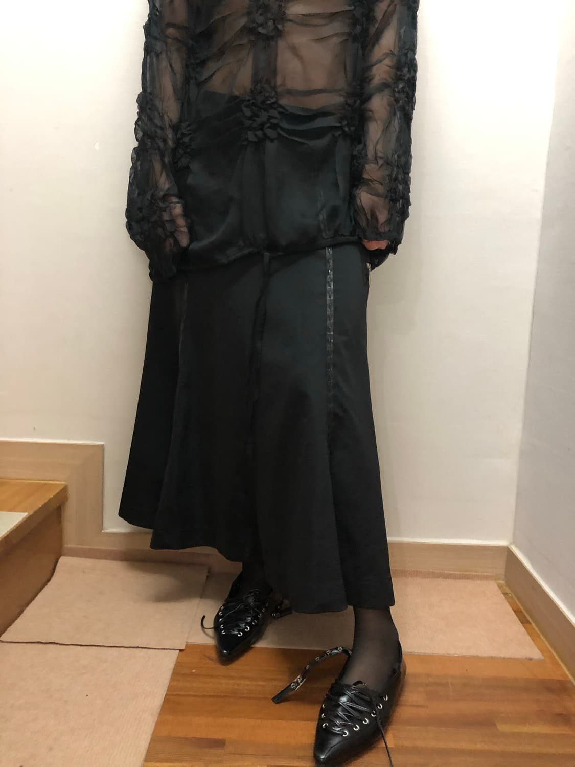 빈티지 블랙 펑크 레더 롱 스커트 상품이미지5