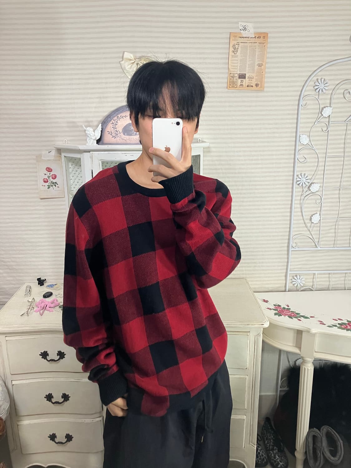 빈티지 레드 체크보드 니트 802 y2k 스트릿 갸루 펑키 일본빈티지 f 상품이미지1