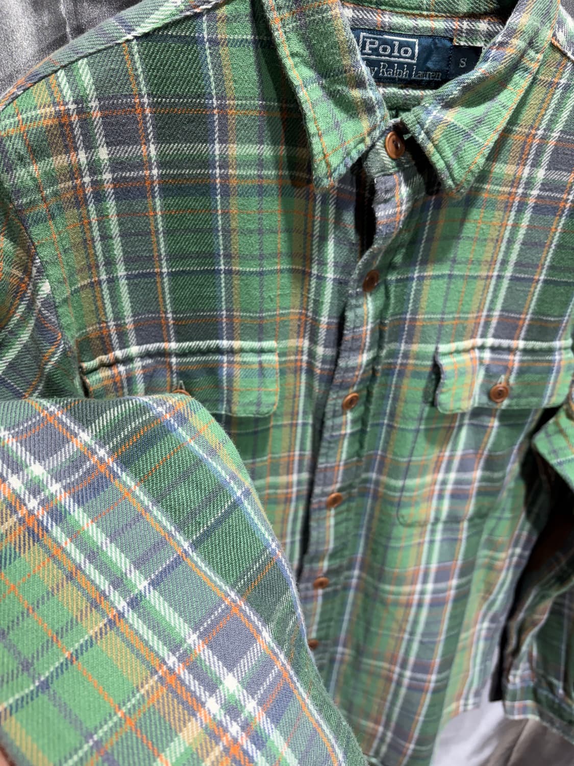 S 폴로랄프로렌 투포켓 레더패치 그린 체크셔츠 상품이미지8