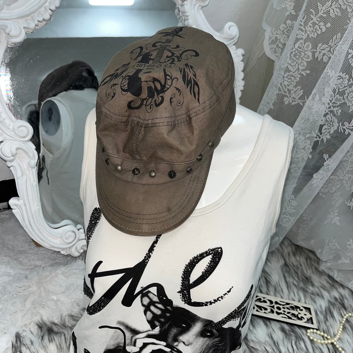 빈티지 00‘s Y2K 프린팅 스터드 밀리터리캡 상품이미지1