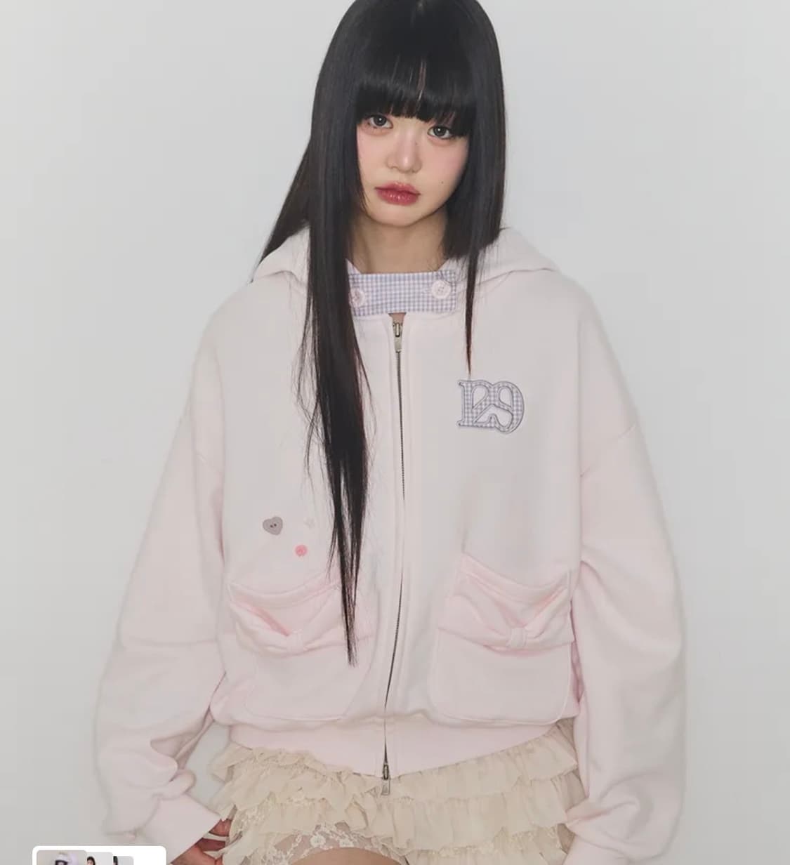 일리고 체커 보우 포켓 후드 집업 베이비 핑크 상품이미지1