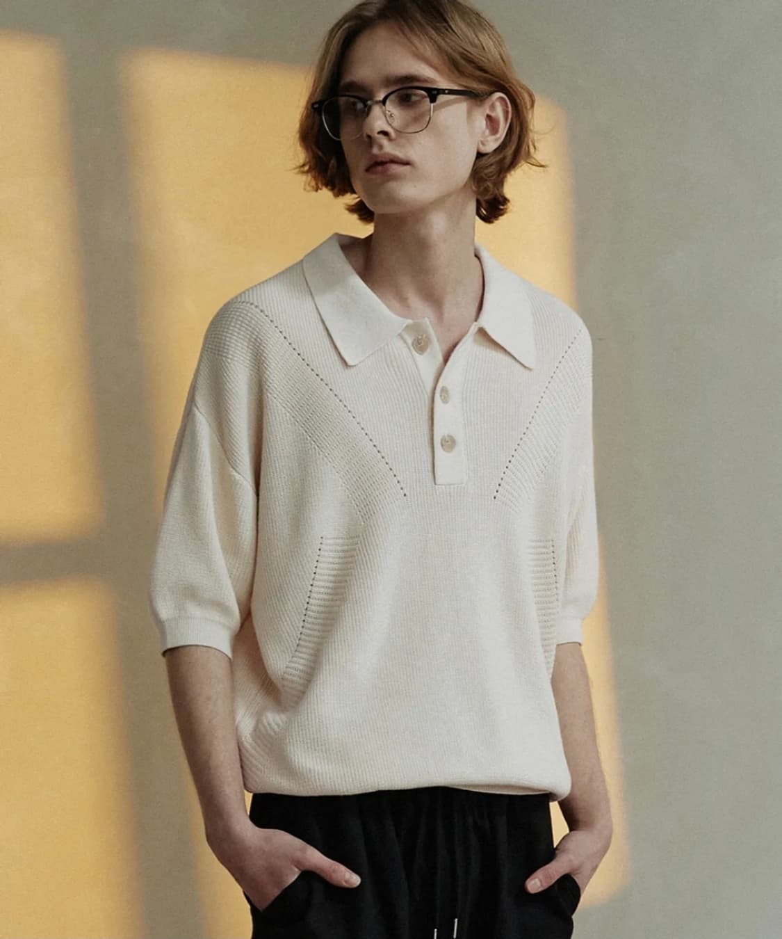 (XL)아노블리어 슬래시 펀칭 하프 반팔 카라 니트 상품이미지1