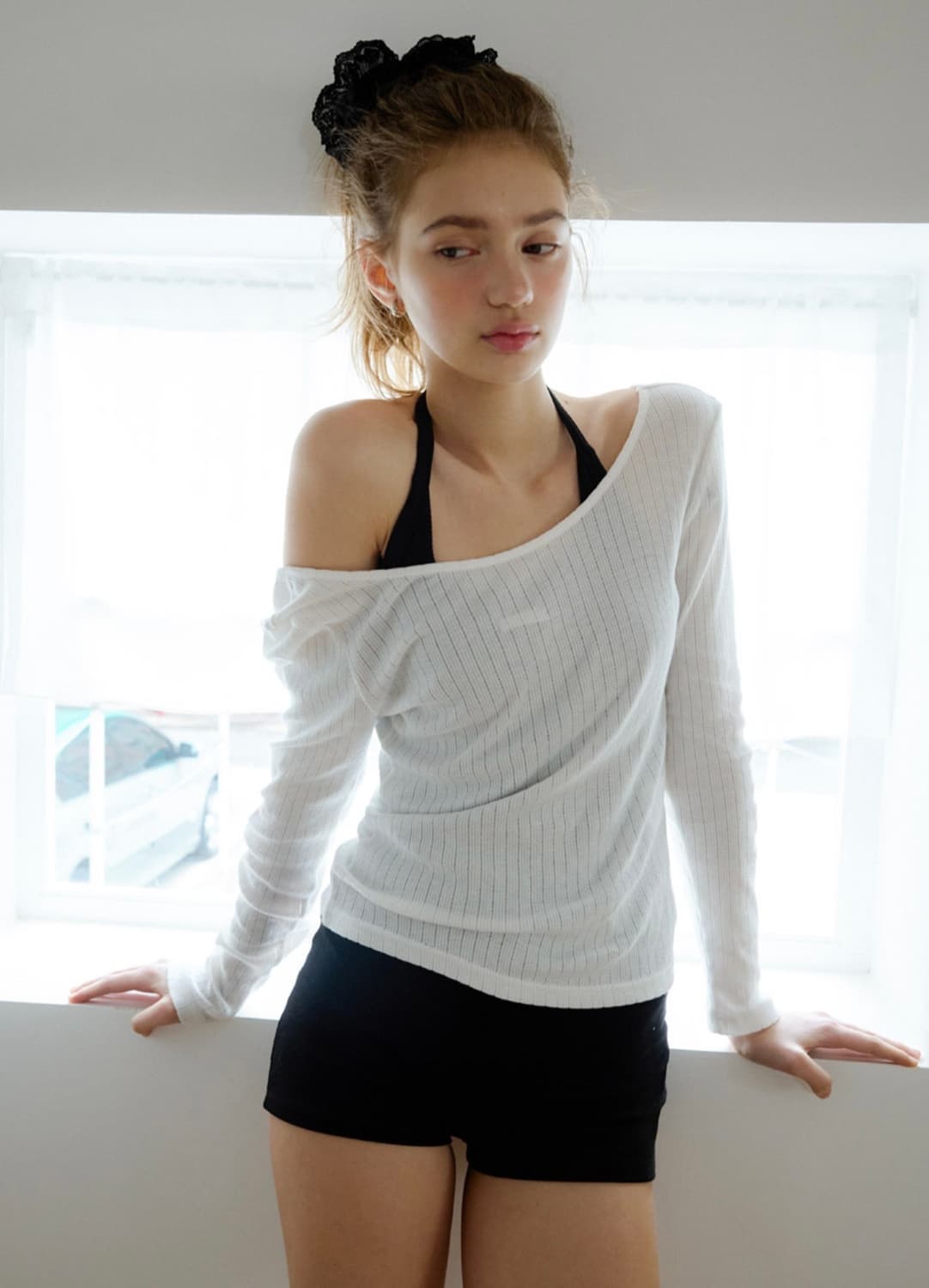 레터프롬문 레터즈 투웨이 슬림 티셔츠 롱슬리브딥유넥백트임발레코어원오프숄더 상품이미지7