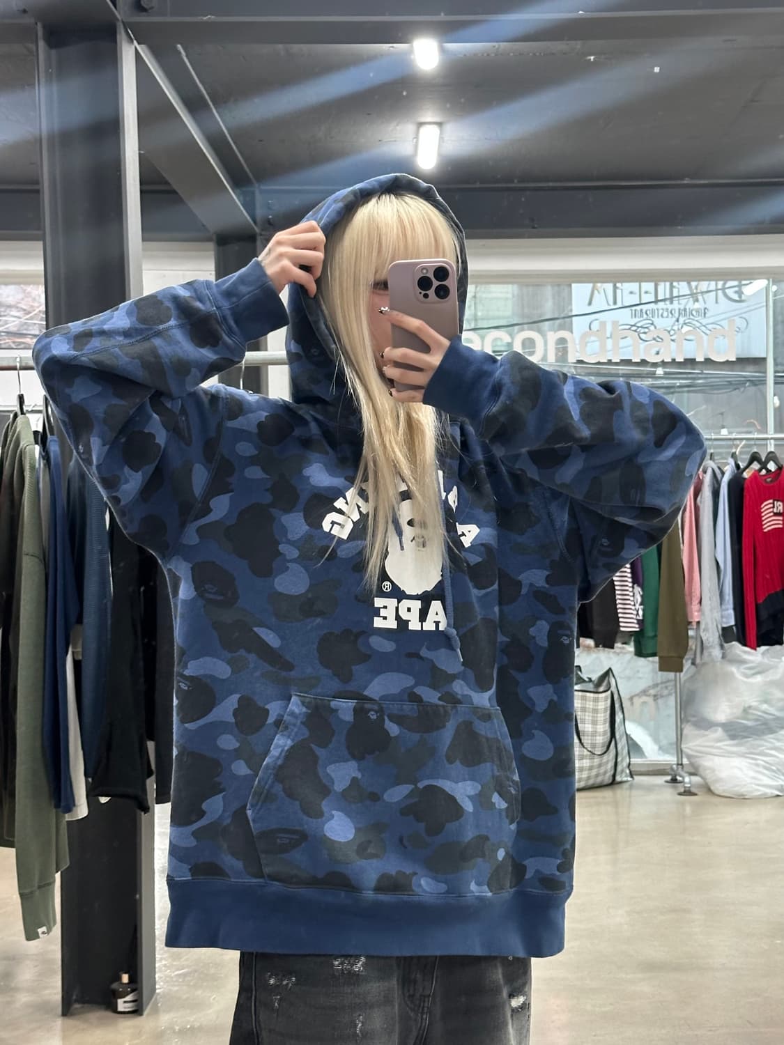 베이프 카모 컬리지 후드티 네이비 블루 상품이미지1