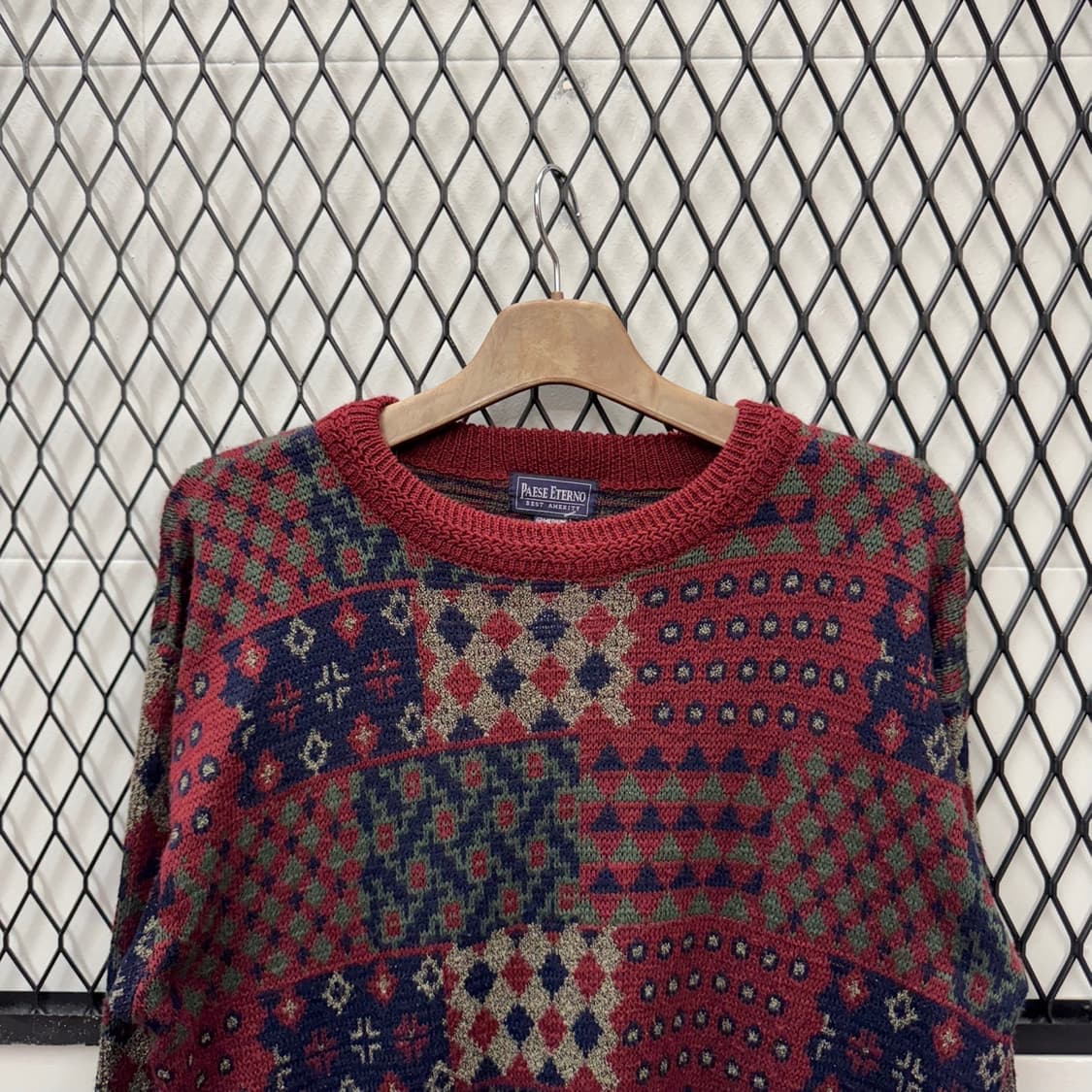 USA VTG 자가드 패턴 패치워크 에스닉 디테일 울 니트 스웨터 상품이미지3