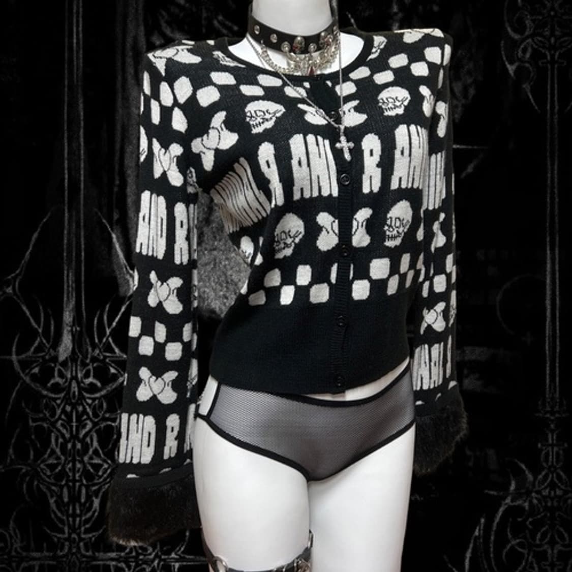 Glad news 글래드 뉴스 퍼 소매 해골 리본 가디건 펑크 상품이미지3