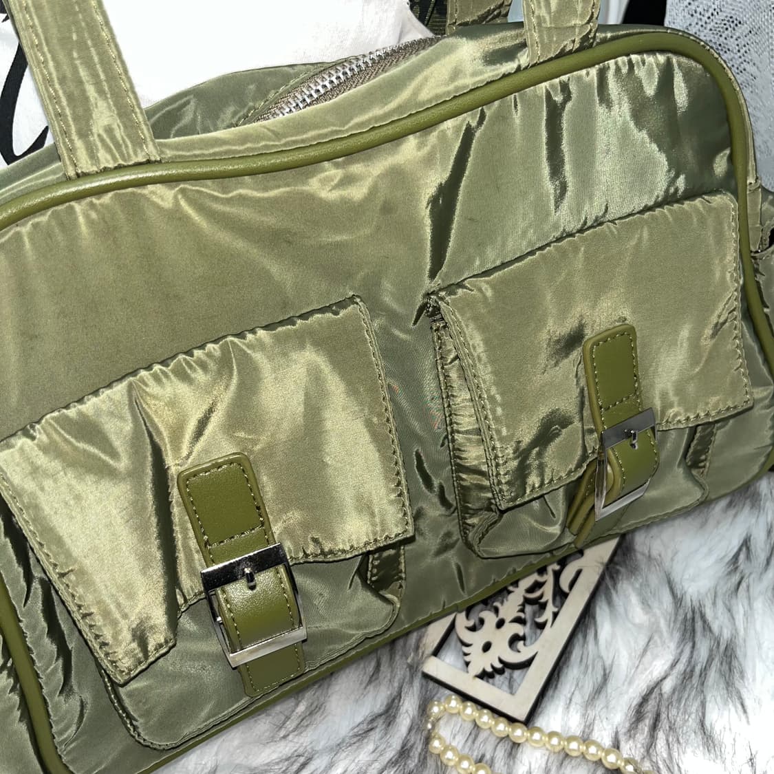 빈티지 카키 더블 포켓 바게트 백 상품이미지3