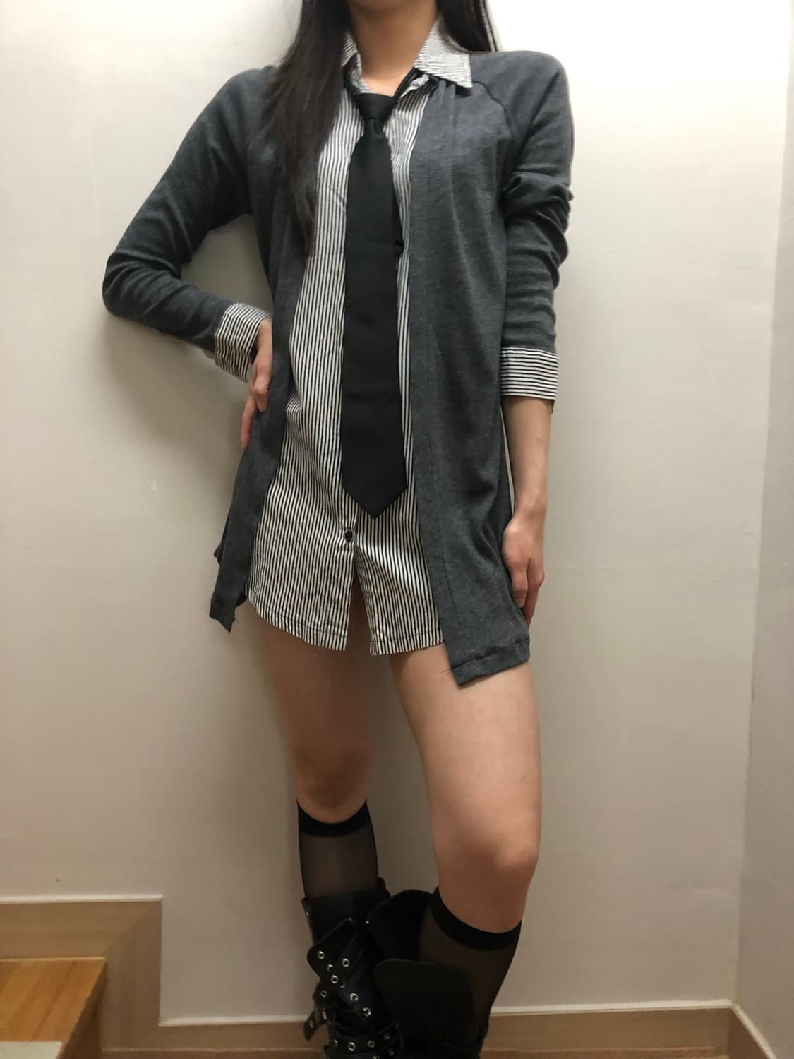 빈티지 가디건 레이어드 셔츠 원피스 상품이미지4