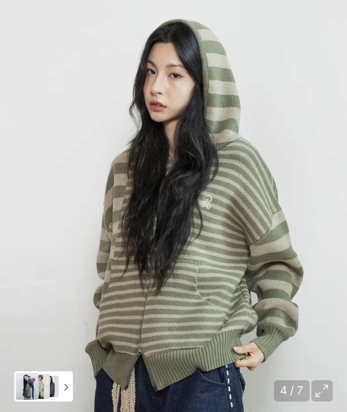 WXK008 언발란스 스트라이프 니트 후드 집업 (KHAKI)  상품이미지2