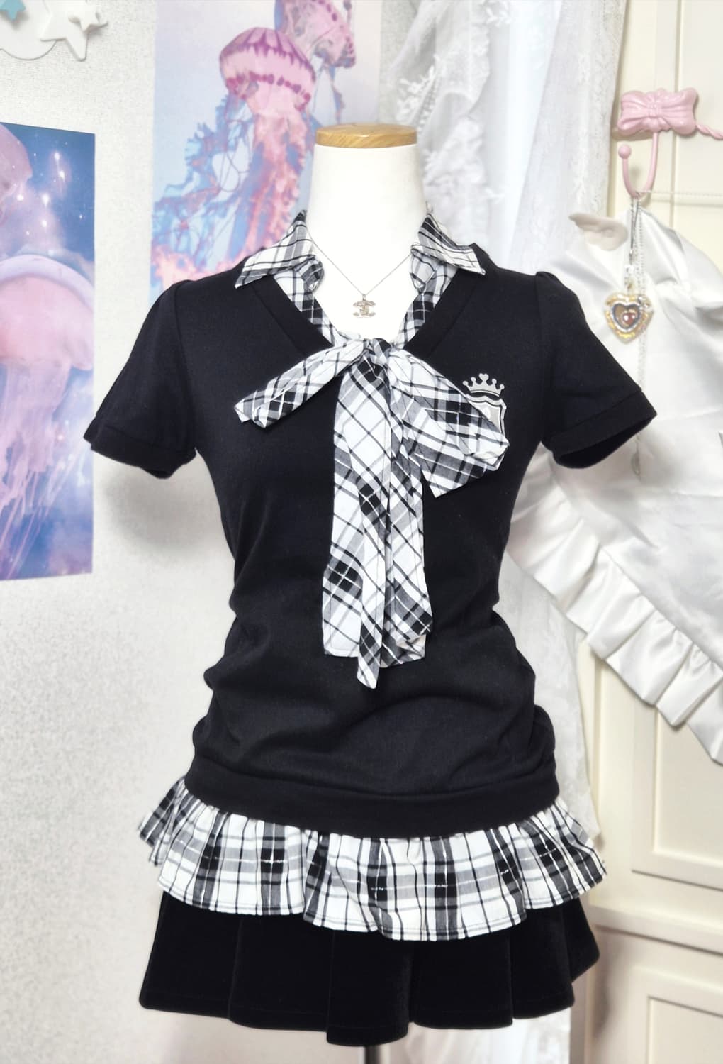 마즈깔 체크 리본 헤이세이 반팔 큐빅 탑 스쿨룩 오네갸루 히메갸루 상품이미지1