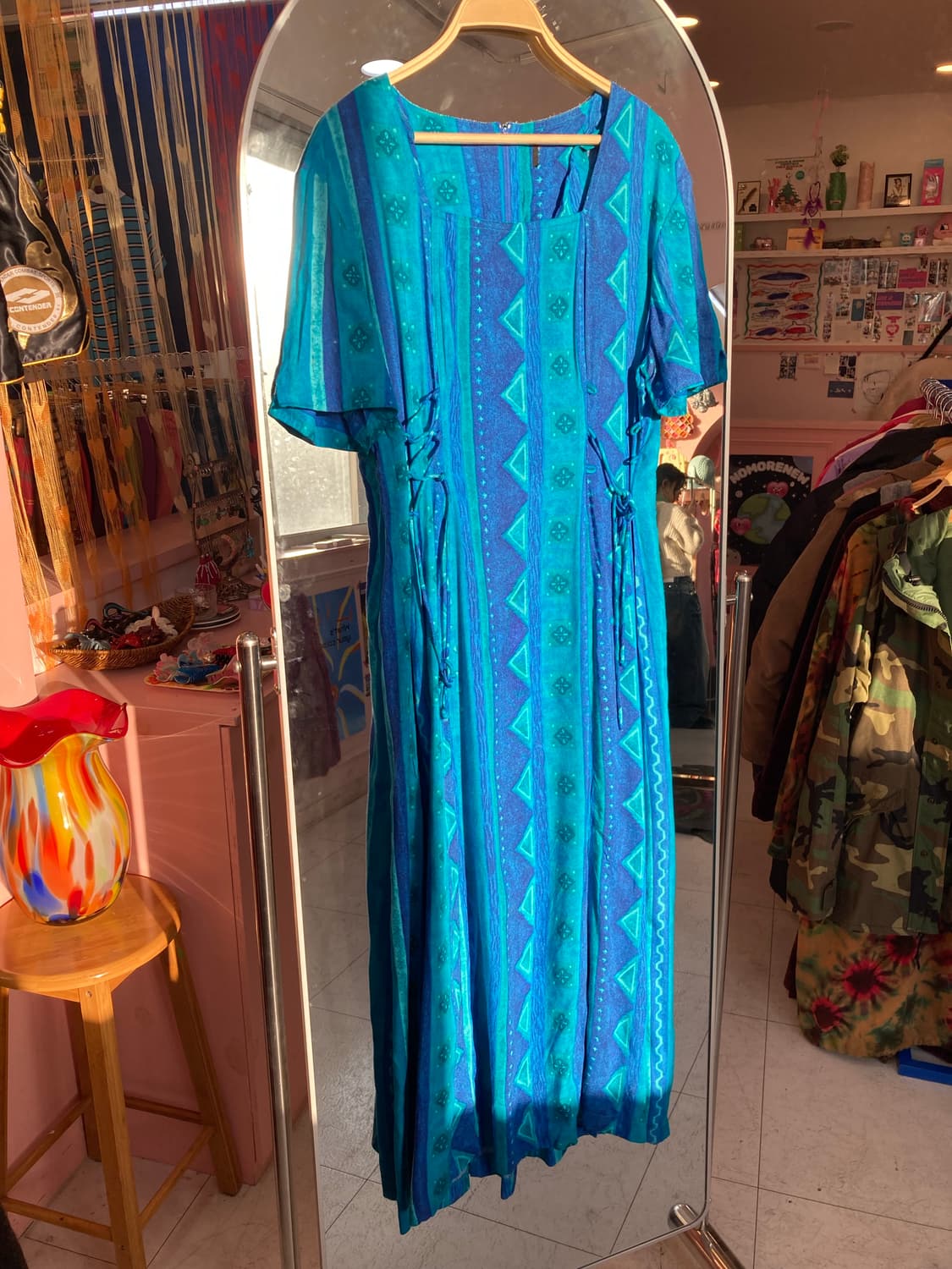 블루 패턴 에스닉 스퀘어넥 원피스 상품이미지1