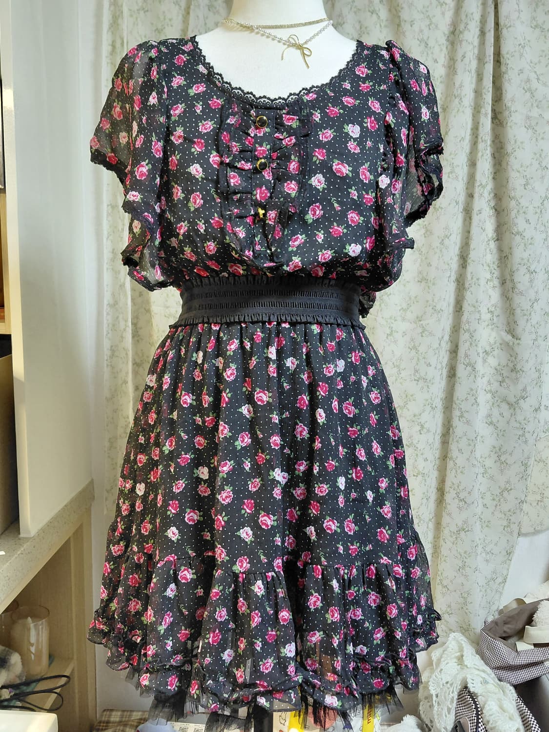 [일본빈티지] 엑시즈팜 플라워 패턴 쉬폰 미니 원피스 상품이미지1