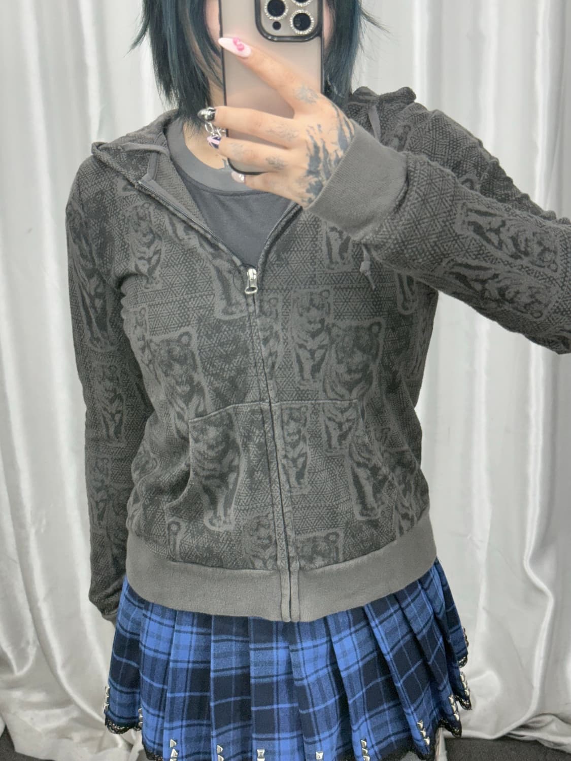 Pattern printing charcoal hood zip-up 상품이미지1