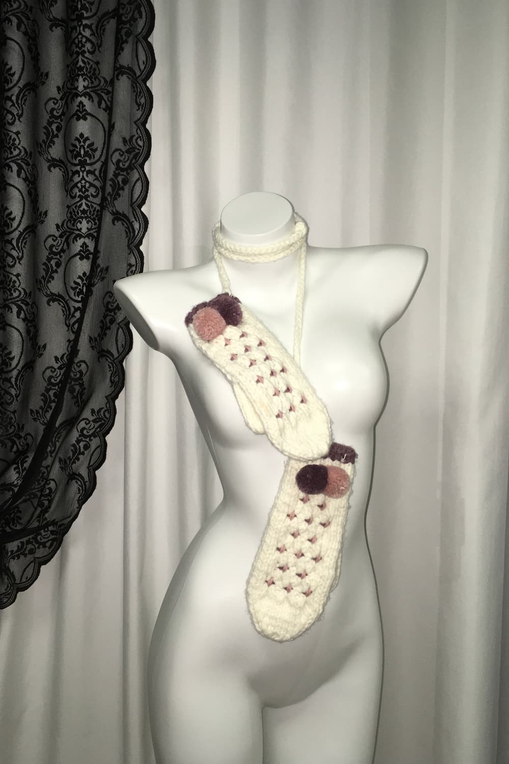 Vintage 하구미 모리걸 폼폼 뜨개 자수 벙어리 장갑 아이보리 상품이미지5