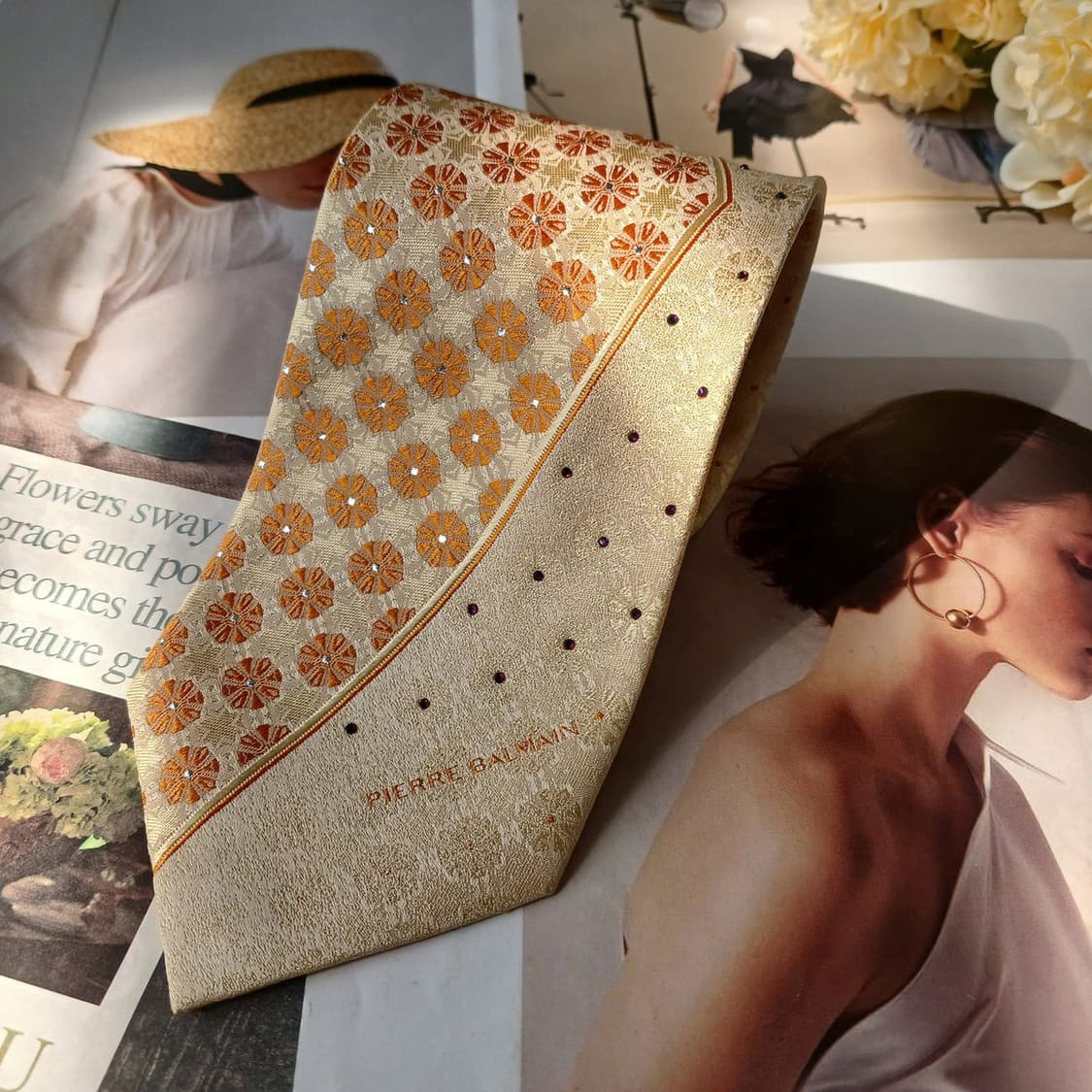 피에르 발망 실크 베이지 패턴 넥타이 9.1cm A+등급 A19829 상품이미지2