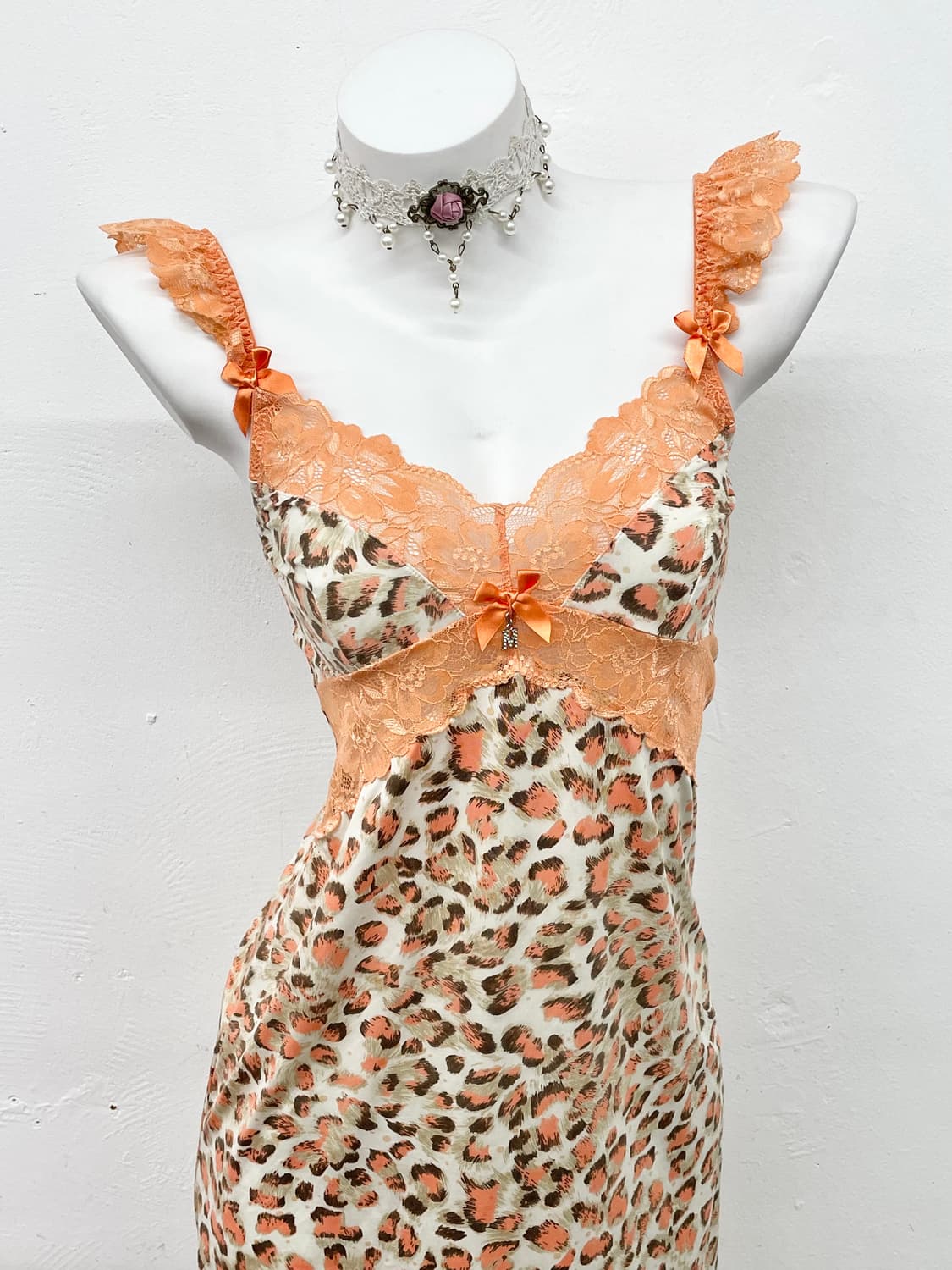 갸루 호피 레이스 리본 슬립 상품이미지2