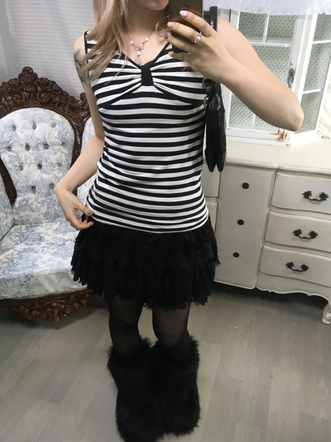 일본빈티지 스트라이프 리본 슬리브리스 상품이미지2