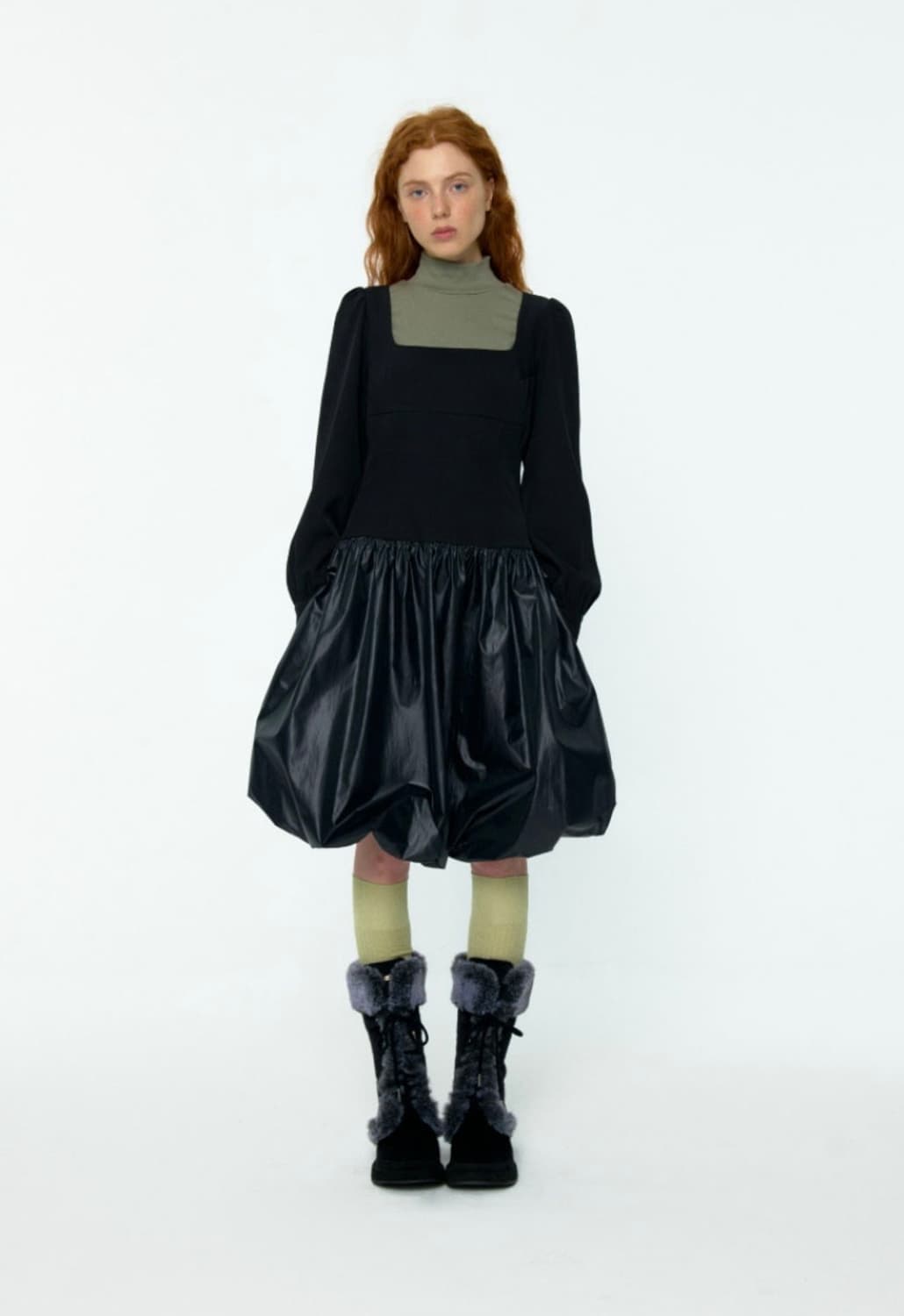 rosy balloon shirring midi dress (black) 상품이미지1