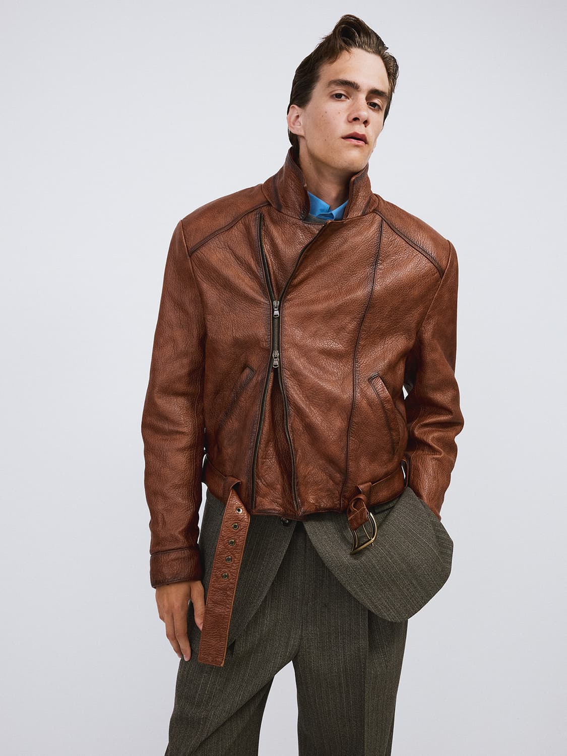 [S] 렉토 빈티지 이펙트 바이커 레더 자켓 코냑 상품이미지4