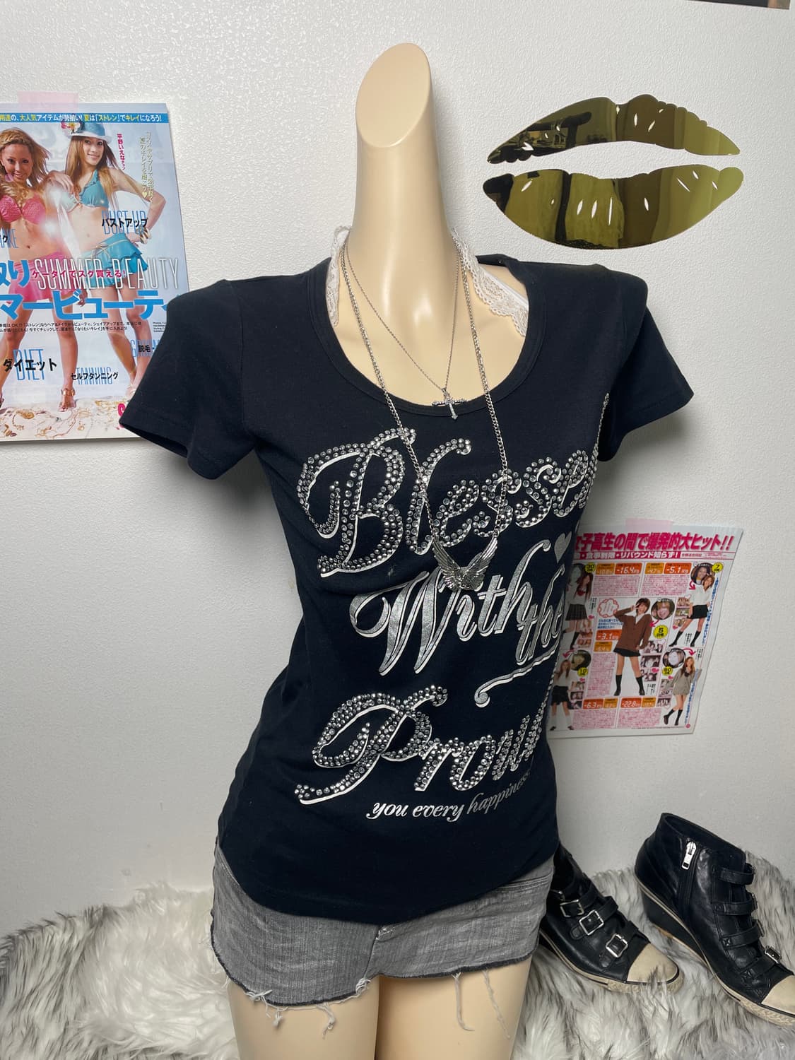 Y2k 블랙 큐빅 레터링 반팔티 상품이미지1