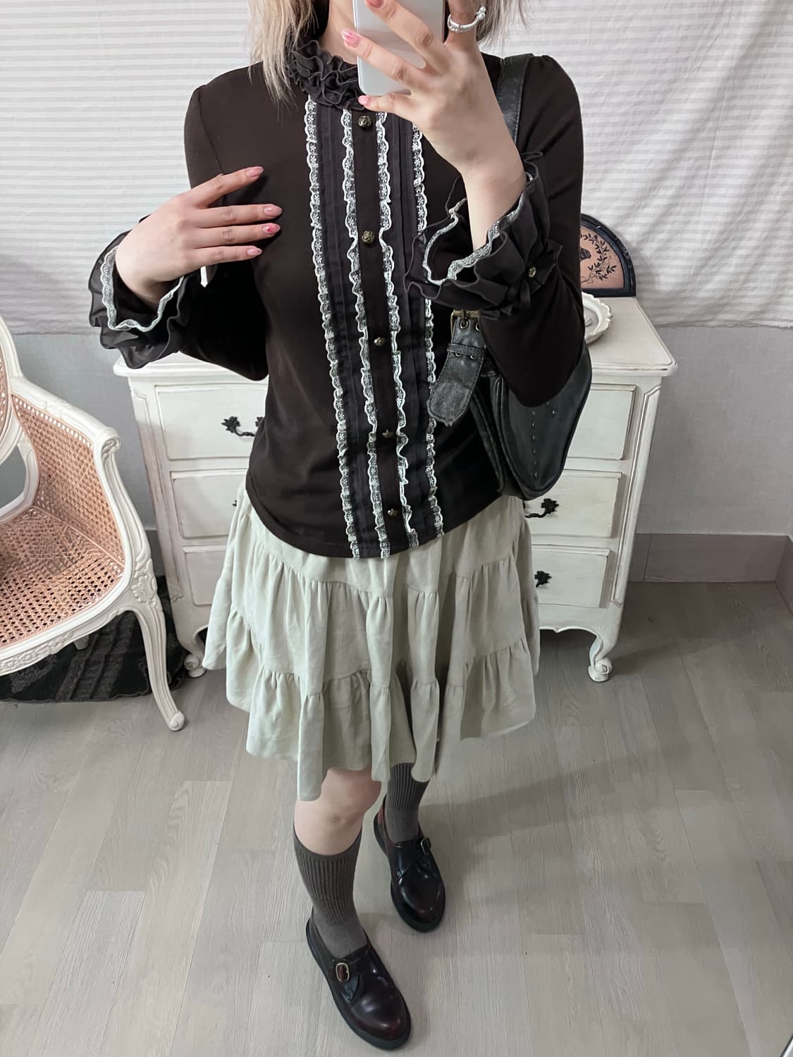 axes femme brown lace frill blouse 상품이미지2