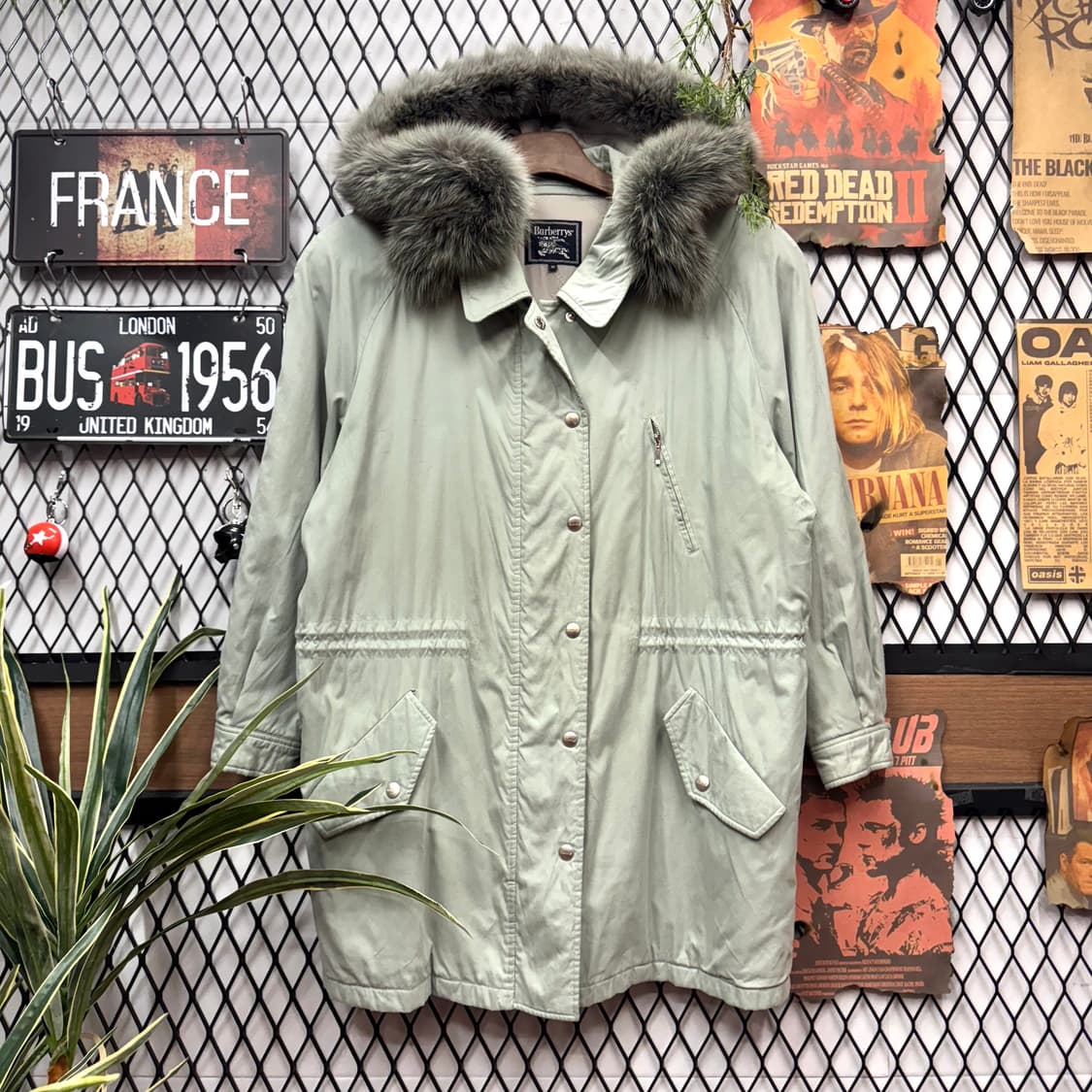 90s 버버리 폭스퍼 후드 롱파카 코트 자켓 민트 상품이미지1